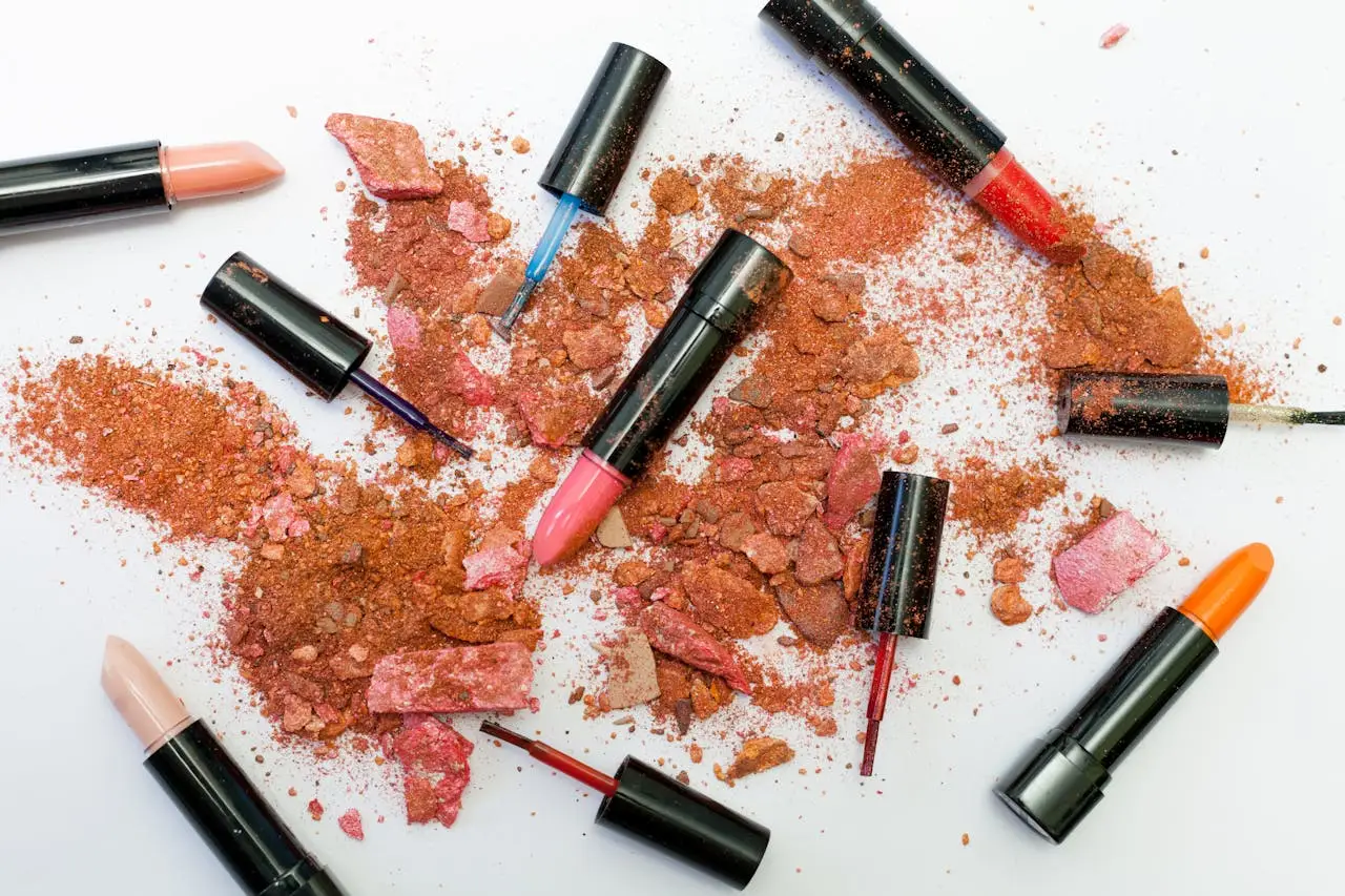 team-03 Colorful scattered makeup products including lipsticks and crushed powders on a white background.