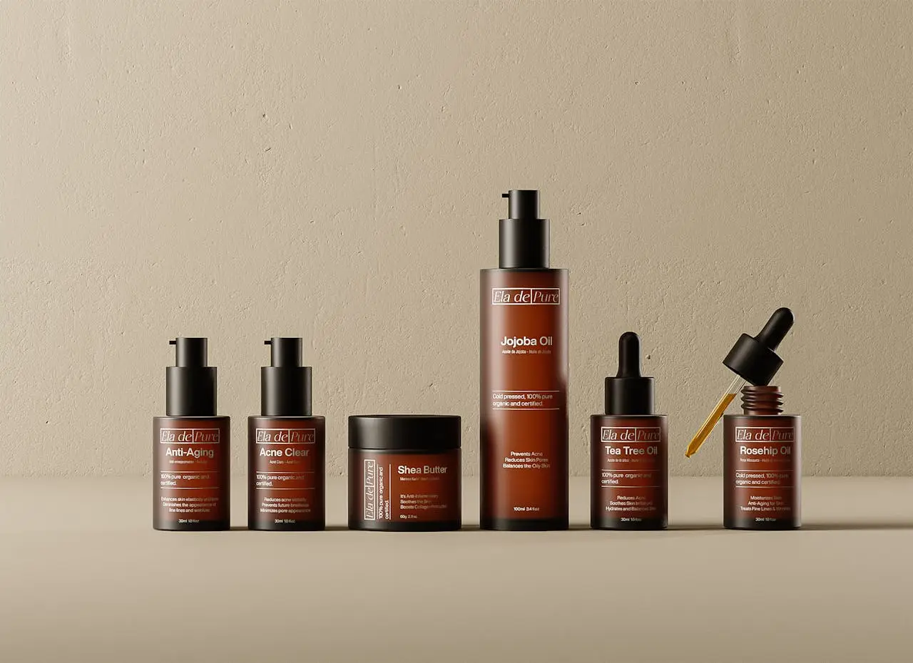 who-we-are Stylish display of Ela de Pure skincare collection featuring essential oils and serums.